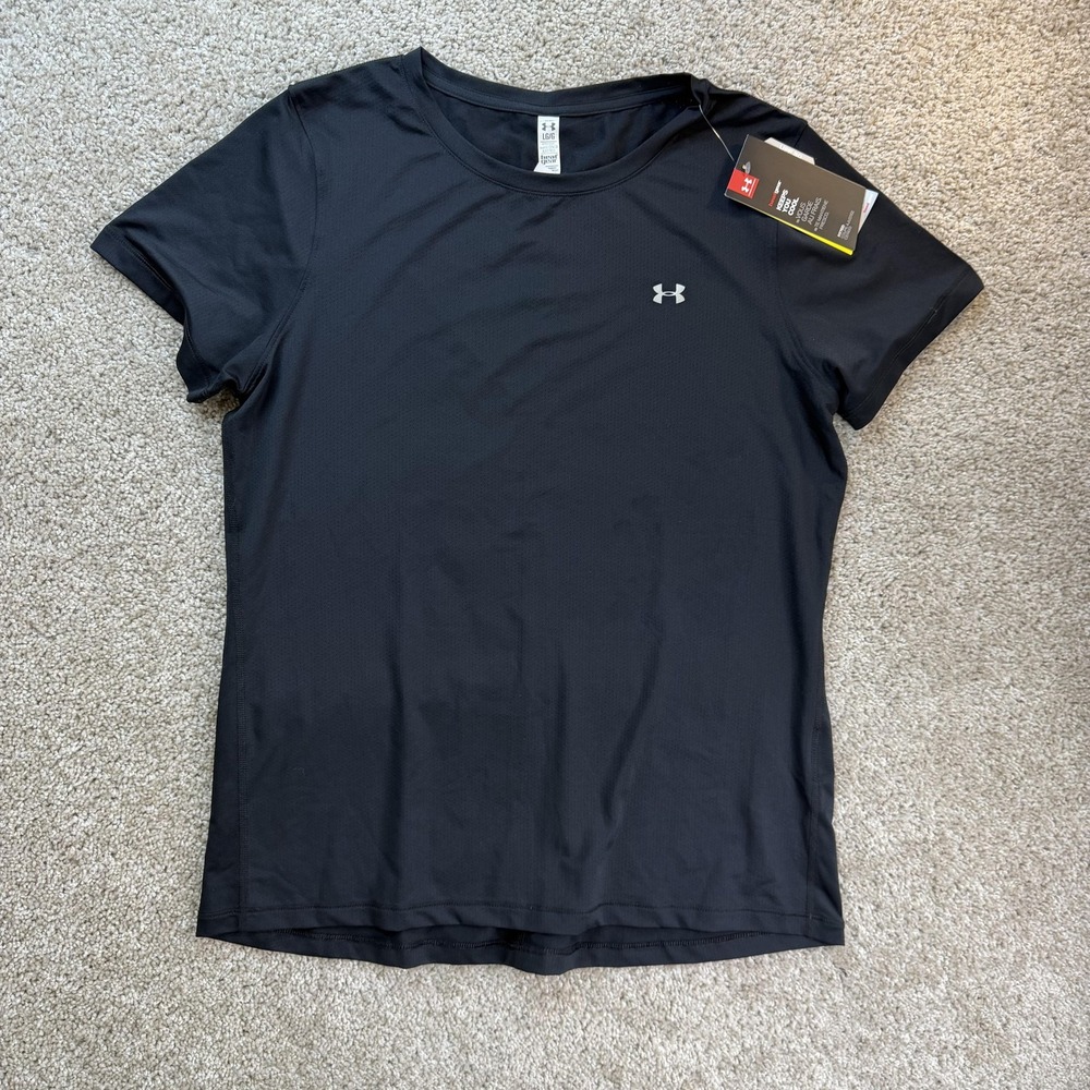 Under Armour Shirt Womens Large Black HeatGear Short Sleeve Running Workout Top